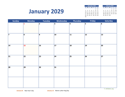 January 2029 Calendar Classic