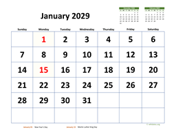 January 2029 Calendar with Extra-large Dates