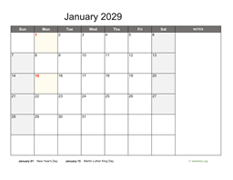 January 2029 Calendar with Notes