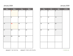 January 2029 Calendar on two pages