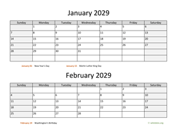 January and February 2029 Calendar