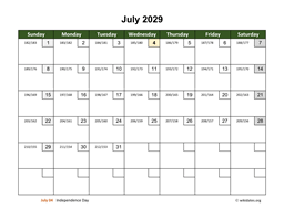 July 2029 Calendar with Day Numbers