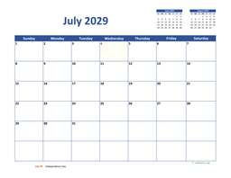 July 2029 Calendar Classic