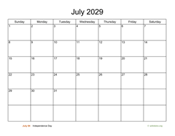 Basic Calendar for July 2029