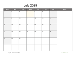 July 2029 Calendar with Notes
