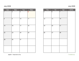 July 2029 Calendar on two pages