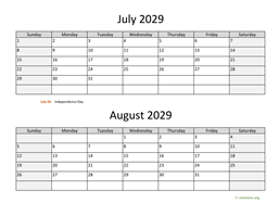 July and August 2029 Calendar