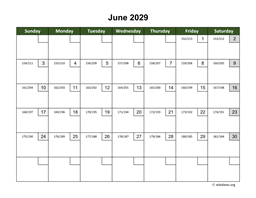 June 2029 Calendar with Day Numbers
