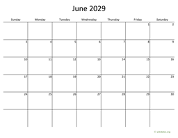 June 2029 Calendar with Bigger boxes