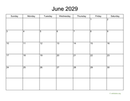 Basic Calendar for June 2029