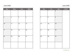 June 2029 Calendar on two pages