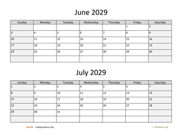 June and July 2029 Calendar