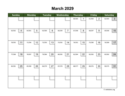 March 2029 Calendar with Day Numbers