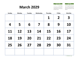 March 2029 Calendar with Extra-large Dates