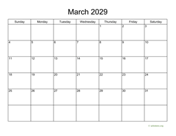 Basic Calendar for March 2029