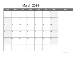 March 2029 Calendar with Notes
