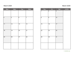 March 2029 Calendar on two pages