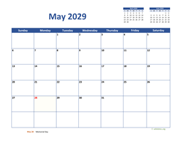 May 2029 Calendar Classic