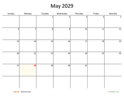 May 2029 Calendar with Bigger boxes