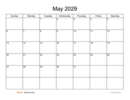 Basic Calendar for May 2029