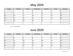 May and June 2029 Calendar