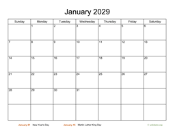 Monthly Basic Calendar for 2029