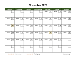 November 2029 Calendar with Day Numbers