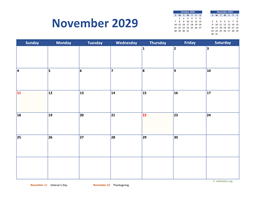 November 2029 Calendar Classic