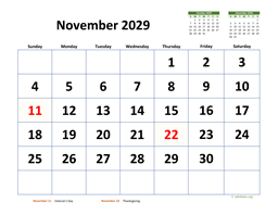 November 2029 Calendar with Extra-large Dates