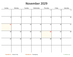 November 2029 Calendar with Bigger boxes