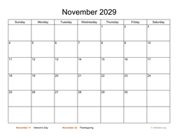 Basic Calendar for November 2029