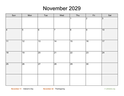 November 2029 Calendar with Weekend Shaded