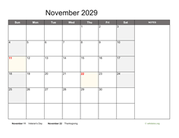 November 2029 Calendar with Notes