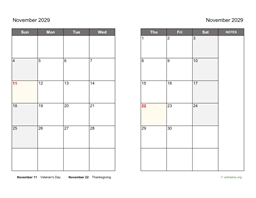 November 2029 Calendar on two pages