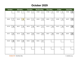 October 2029 Calendar with Day Numbers