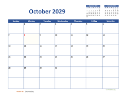 October 2029 Calendar Classic