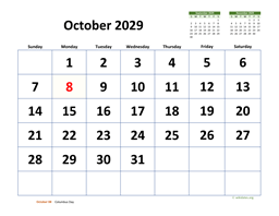 October 2029 Calendar with Extra-large Dates