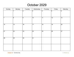 Basic Calendar for October 2029