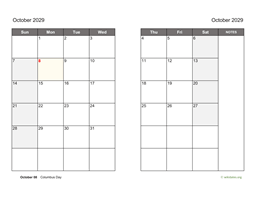 October 2029 Calendar on two pages