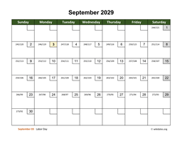 September 2029 Calendar with Day Numbers