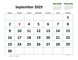 September 2029 Calendar with Extra-large Dates