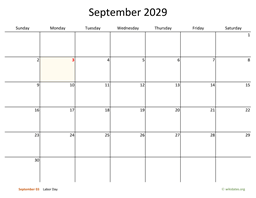 September 2029 Calendar with Bigger boxes