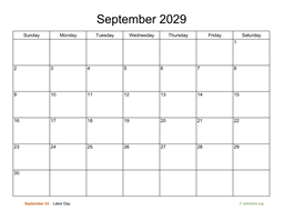 Basic Calendar for September 2029