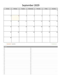 September 2029 Calendar with To-Do List