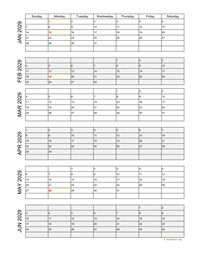 six months 2029 calendar vertical