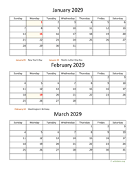 three months 2029 calendar vertical