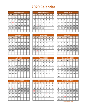Full Year 2029 Calendar on one page