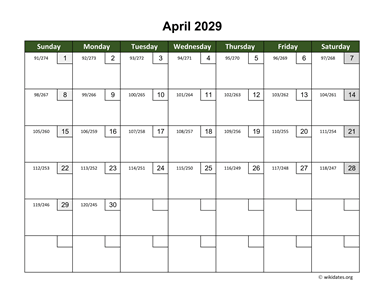 April 2029 Calendar with Day Numbers