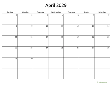 April 2029 Calendar with Bigger boxes