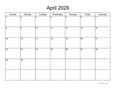 Basic Calendar for April 2029
